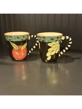 Droll Designs Coffee Cups / Mugs Red Apple / Grapes Hand Painted USA Lot Of 2